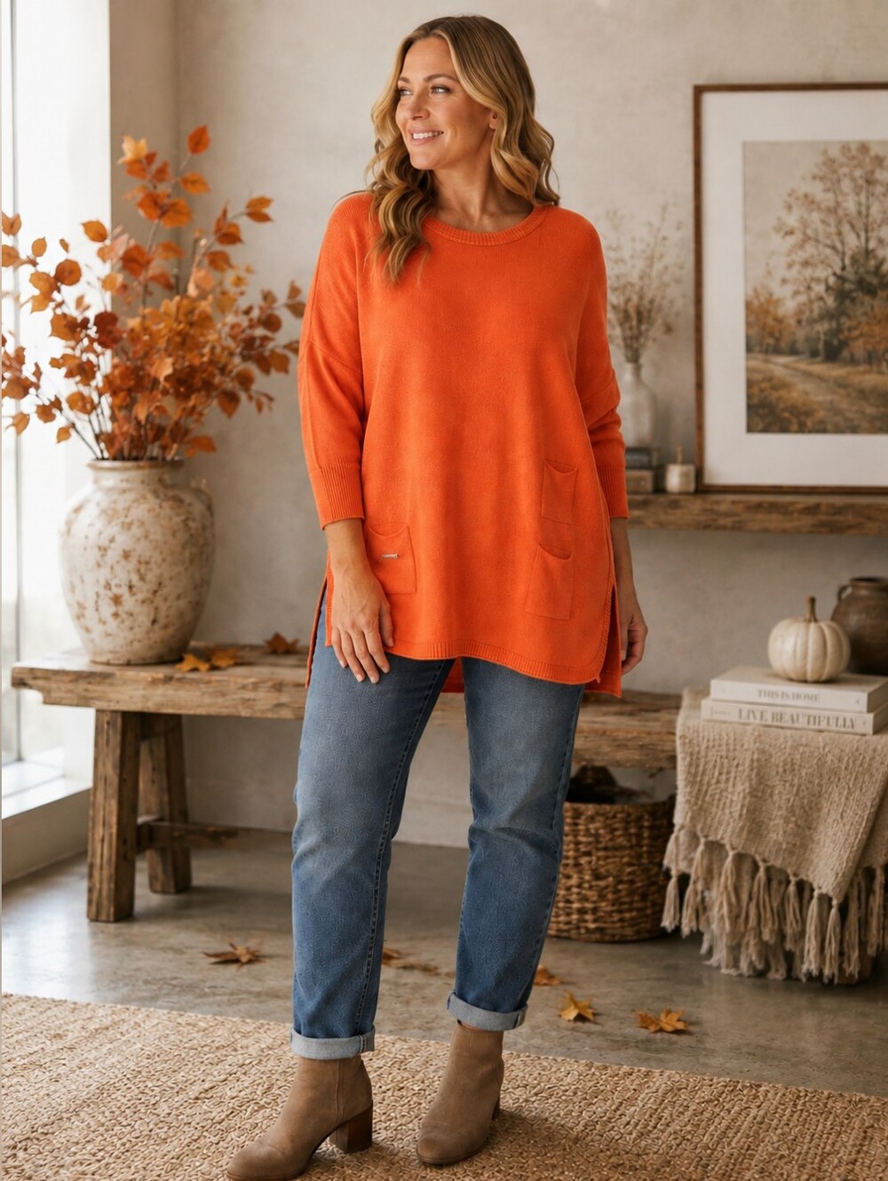MERSEA Catalina Travel Sweater Oversized Split Side 3 Pocket Orange